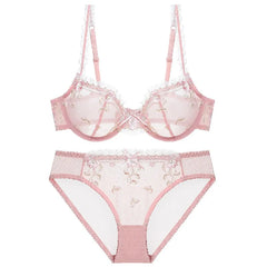 Exquisite embroidery lotus pink ultra-thin women's transparent lace underwear bra set