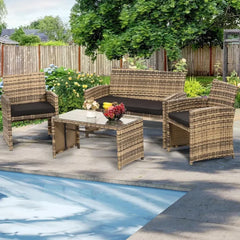 Rattan Patio Furniture Set,Outside Sectional Conversation Cushioned Sofa Set, Wicker Sofa Ideal for Garden, Porch