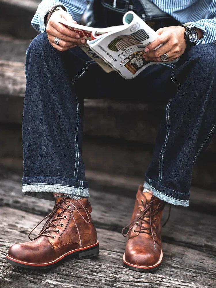 Handmade Leather Men Boots Retro Round Toe Ankle Boots