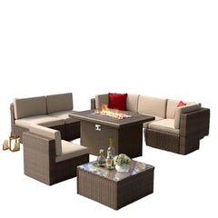 Garden Furniture 8 Pieces Set with 40" Fire Pit Outdoor Sofa Sets, Wicker Furniture Set with Coffee Table, Garden Furniture Sets
