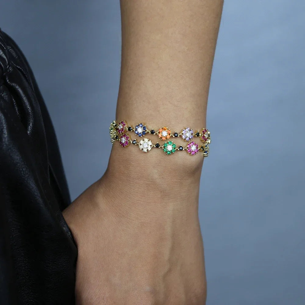 Spring New Design Jewelry Dainty Delicate Beautiful Colorful Rainbow CZ Flower Link Chain Women Girl Bracelet