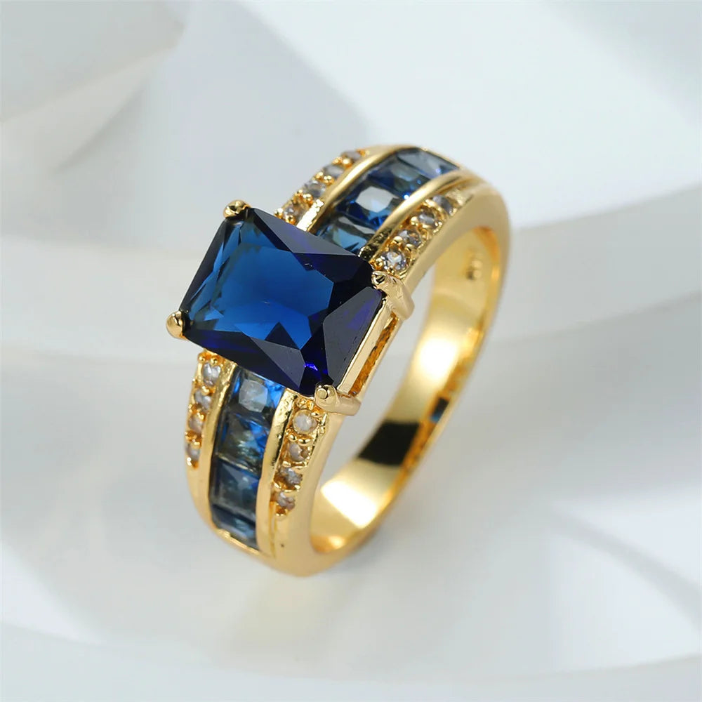 Fashion Female Blue Zircon Square Finger Ring Yellow Gold Color Wedding Jewelry For Women Party Accessories