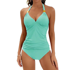 Women's Solid Color Neck Split Strap Two-piece Swimsuit V-neck Swimsuit with Shorts Bikini Sets