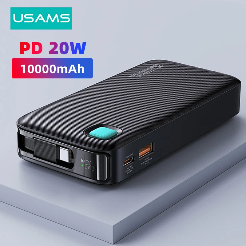 USAMS 20W Power Bank 10000mAh with Retractable Cable Powerbank PD Fast Charging Portable External Battery Charger for Smartphone