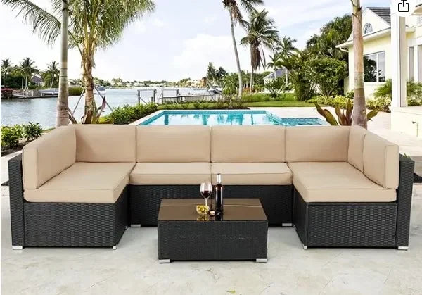 Patio Furniture Sets, 7 Piece PE Rattan Wicker Sofa Set, Outdoor Sectional Furniture Chair Set, Outdoor Furniture Sets