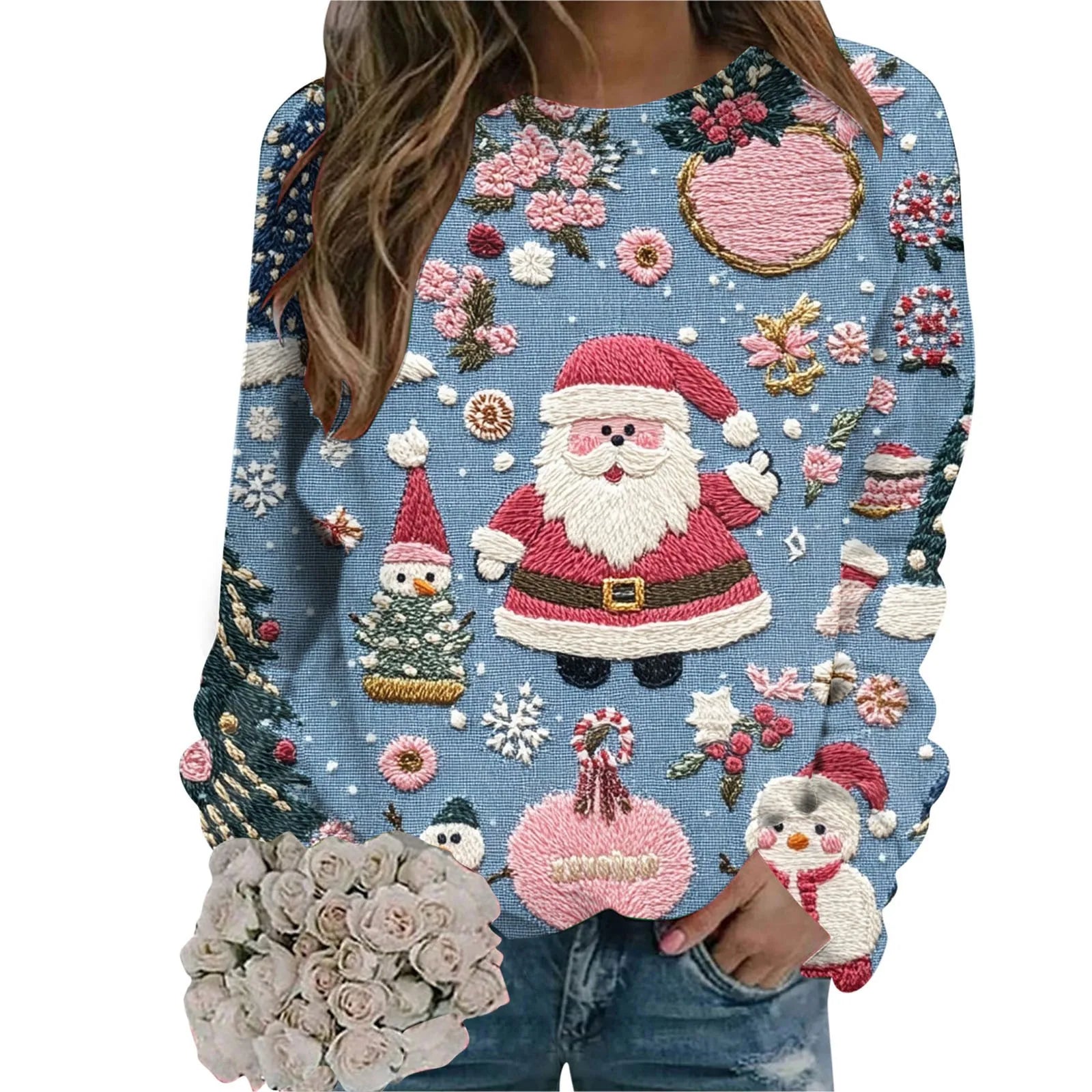 Women's Christmas Santa Claus Print Sweatshirt Casual Long Sleeve Crew Neck Sweatshirt