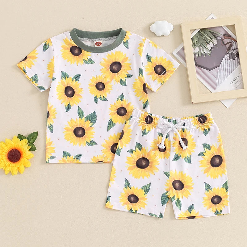 Summer Toddler Girl Sunflower Print Outfit Short Sleeve T-shirt Top Casual Shorts Trendy Baby Clothing Set