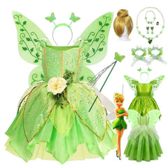 Disney Girls Tinker Bell Costume Kids Green Fairy Princess Tinkerbell Fancy Dress