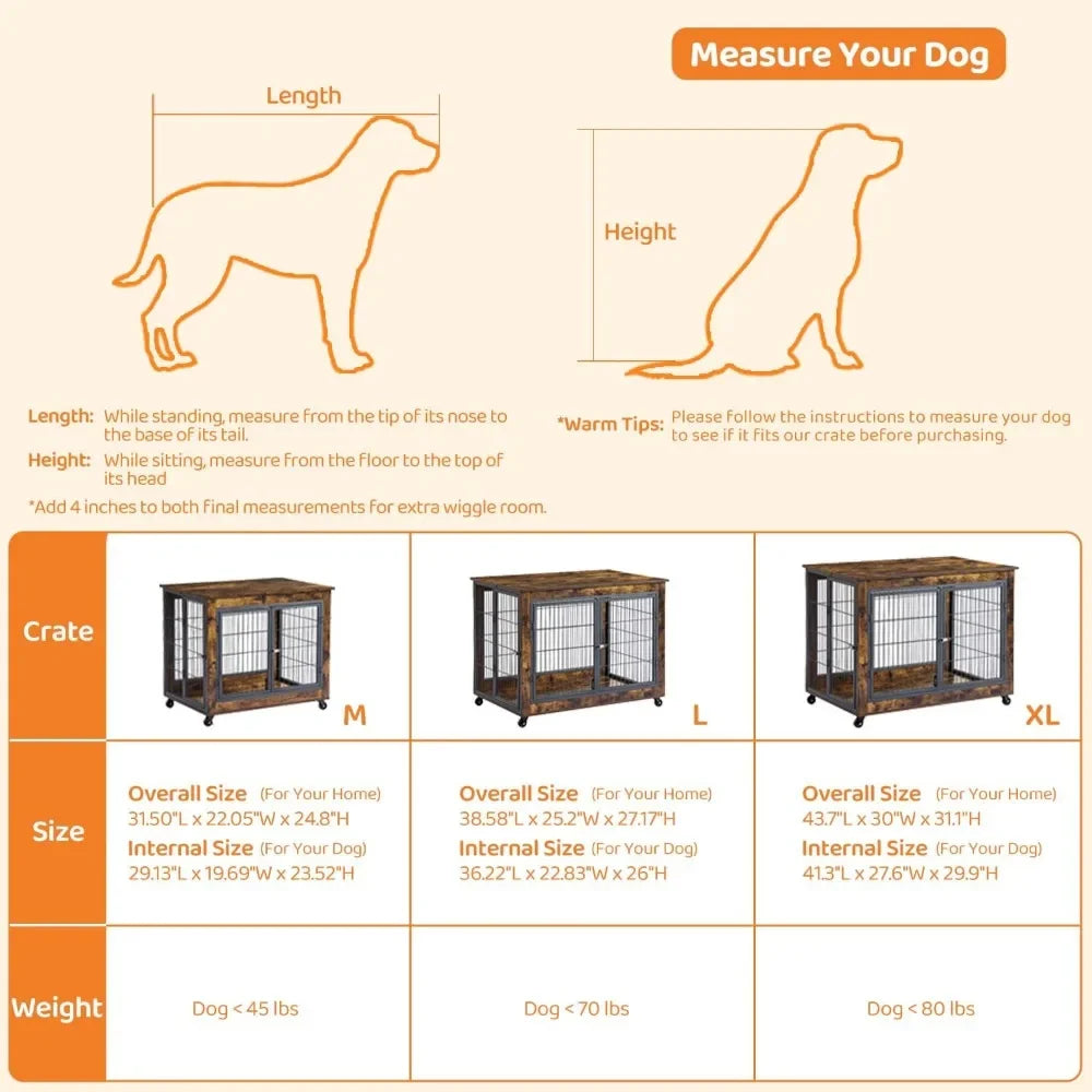 Wooden Dog Crate Table Furniture, Dog Kennel , Flip-up Top Opening and Wheels, Decorative Pet Crate  38.6"L x 25.2"W x 27.2"H