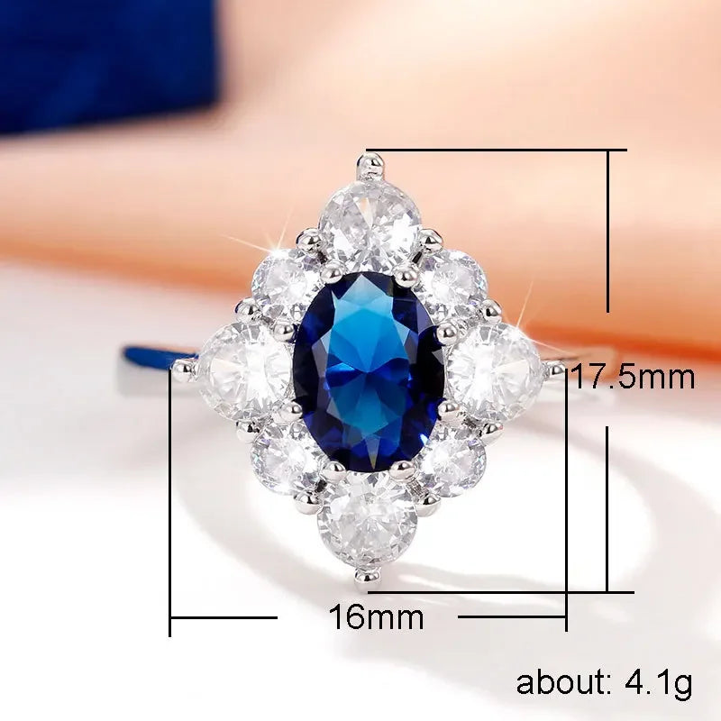 Crystal Ring Light Luxury Personality Egg-shaped Royal Blue Zircon   Surround Set Women's