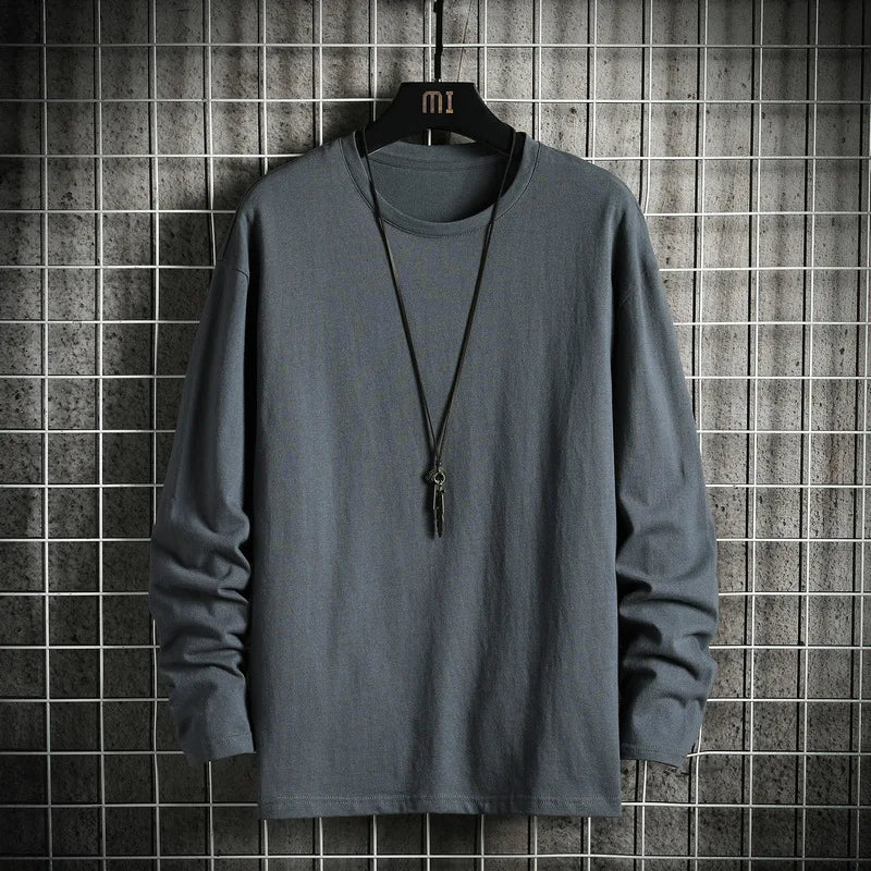 Harajuku Long Sleeve T Shirt Men Solid Color Cotton Soft O-Neck Basic Tops Tees