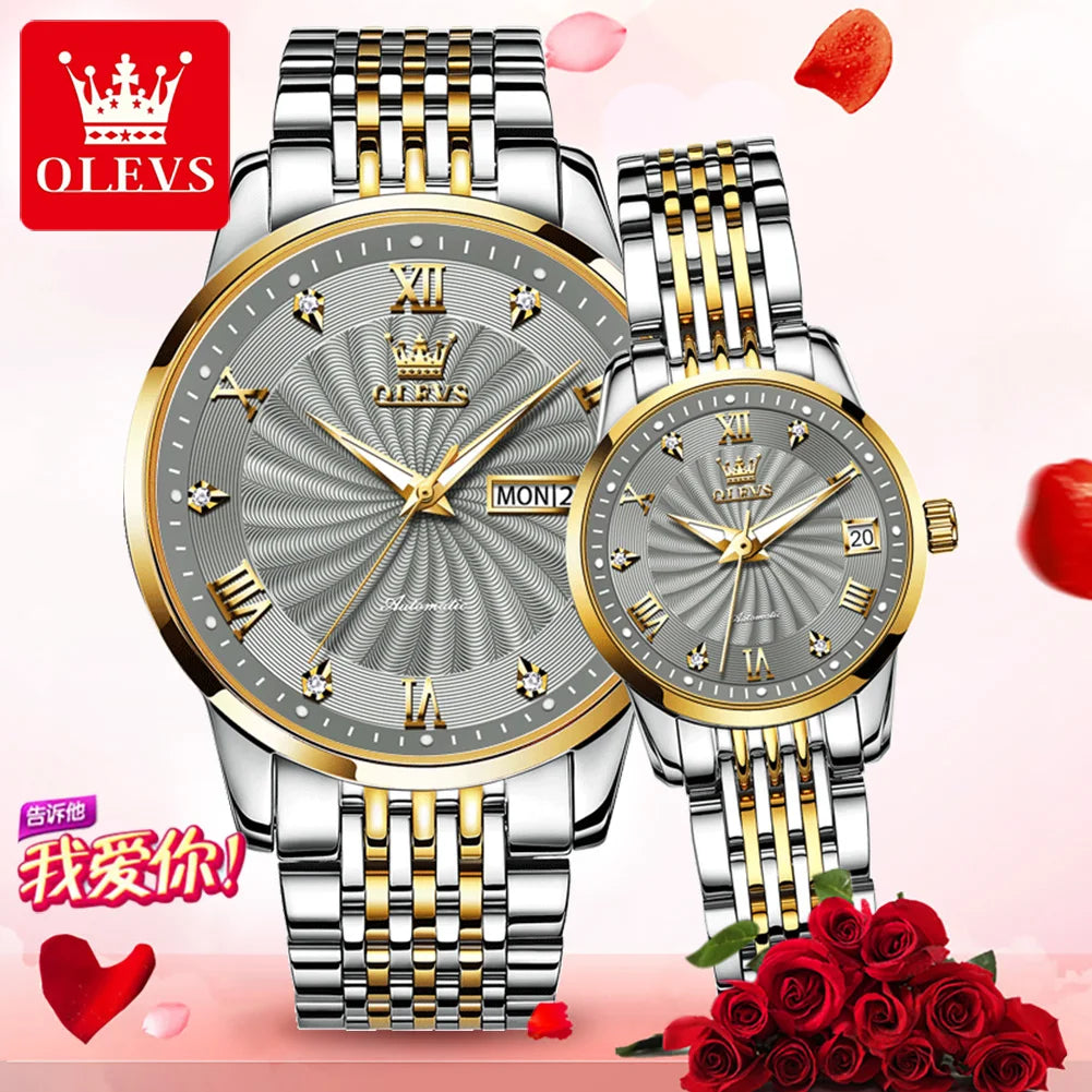 OLEVS Brand Couple Luxury Automatic Watches Men and Women Stainless Steel Waterproof Mechanical Wristwatches