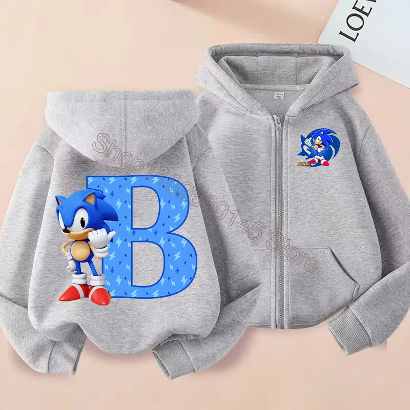 New Sonics Boys Zip-up Hoodies Kids Anime Hoodie Cartoon Letter Printed Tops Winter Warm Jacket Coat Autumn Children Clothing