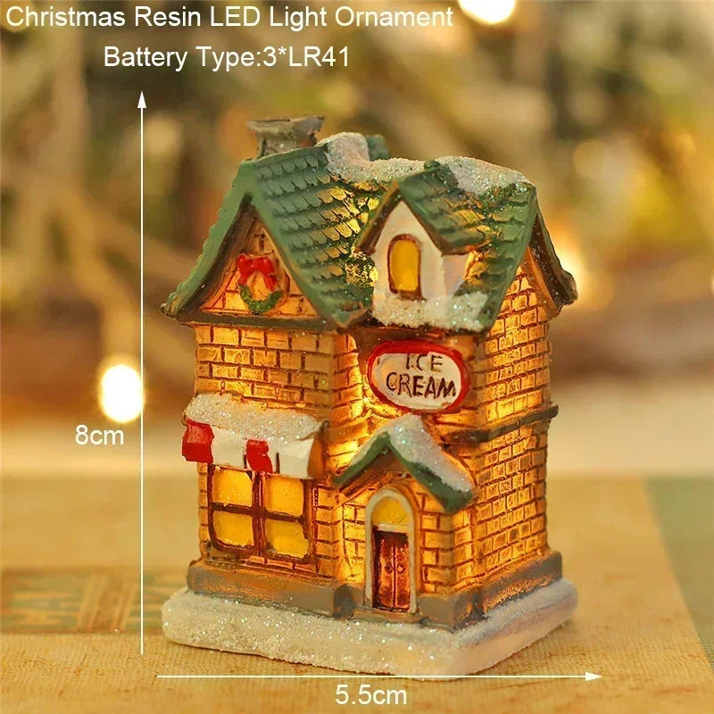 Christmas Snowman Glowing Ornament Christmas LED Houses Claus Pine Needles Snow Resin Santa View Gift Toy Desk Living Room Decor