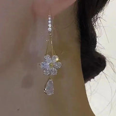Zircon Flower Drop Shape Pendant Gold Color Earrings for Women