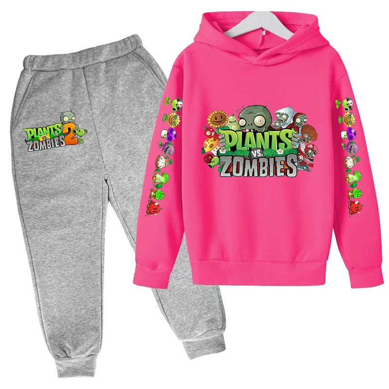 Kids Hooded Pullover Popular Game Plants vs. Monster Print Boys/Girls Top/Pants Clothing Set