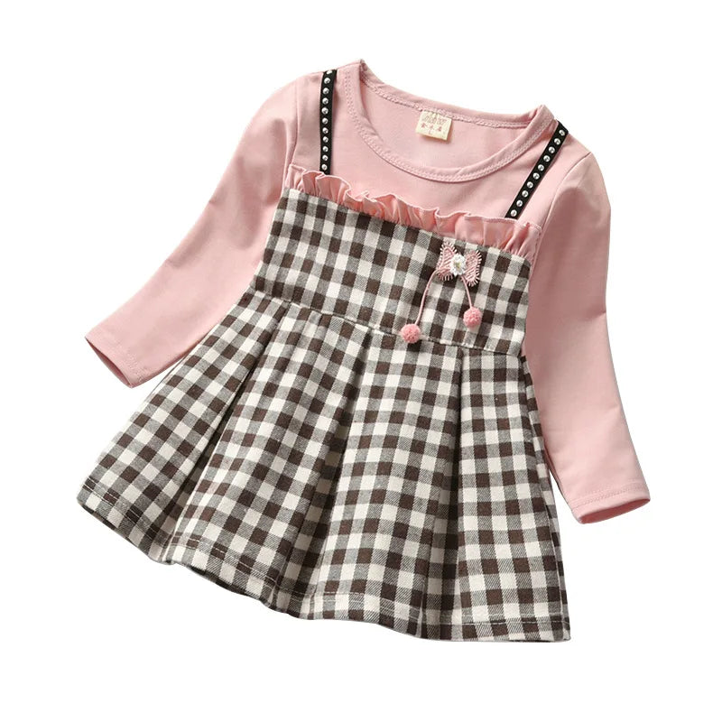 Baby girls rivet plaid long-sleeved dresses Toddler fake two pcs lace princess dresses