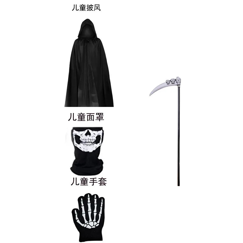 Adult Kids Halloween Demon Ghosts Costume Dress Up Party Man Women Black Scream Death Demon Grim Reaper Cospaly Clothes