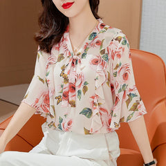 New Summer Women Floral Chiffon Blouse Shirts Loose Bow Lady Shirts Tops