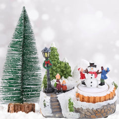 Christmas LED Light Musical Village Resin Ornament Revolving Snowman Tree Decor