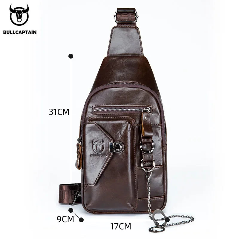 BULLCAPTAINN 100% Genuine Leather Men's Chest Bag Shoulder Messenger Bags Chest Fashion Brand Multifunctional Mobile Phone Bag's