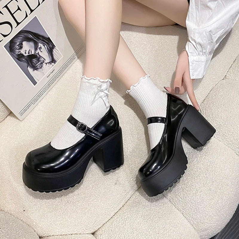 High Heels Buckle Strap Mary Jane Shoes Woman Goth Thick Heeled Party Shoes Ladies