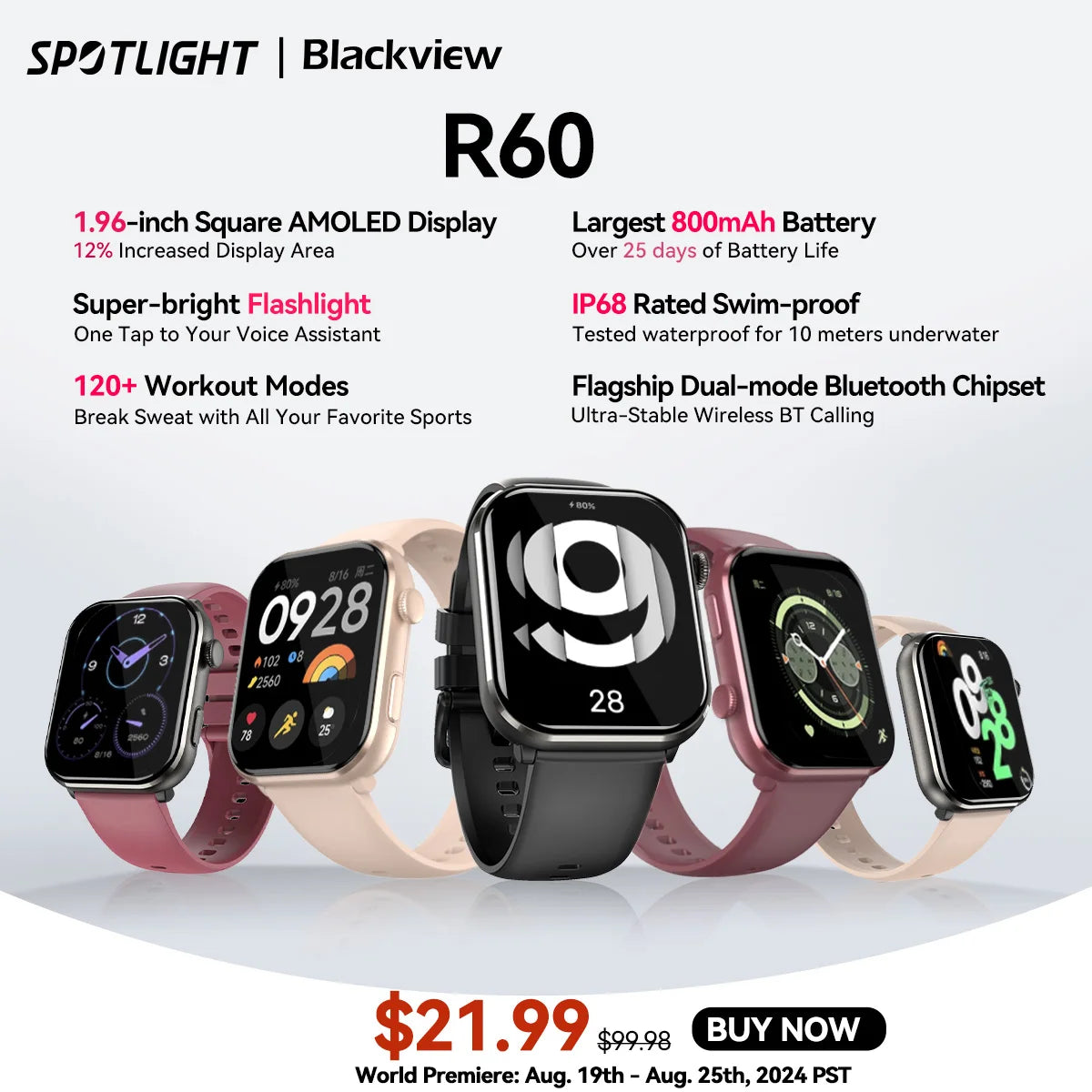 Black view Smartwatch R60 Watch 1.96'' AMOLED Display 800mAh Bluetooth Phone Calls Health and Fitness Tracking