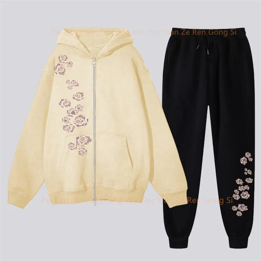 pants Sets Women's Hoodie and pants Two-piece Zipper High Quality Oversize Clothing Aesthetic Rose Graphic PrintFemale Tracksuit