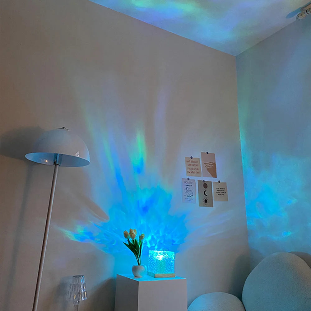 Dynamic Rotating Water Ripple Projector Night Light Water Ripple Cube Colorful Night Light Flame Crystal Lamp LED Table Lamp