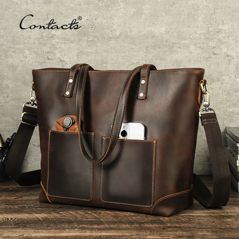 CONTACT'S Men Handbag Luxury Genuine Leather Shoulder Bag Designer Travel Handle Tote Bag Adjustable Strap Shopping Bags