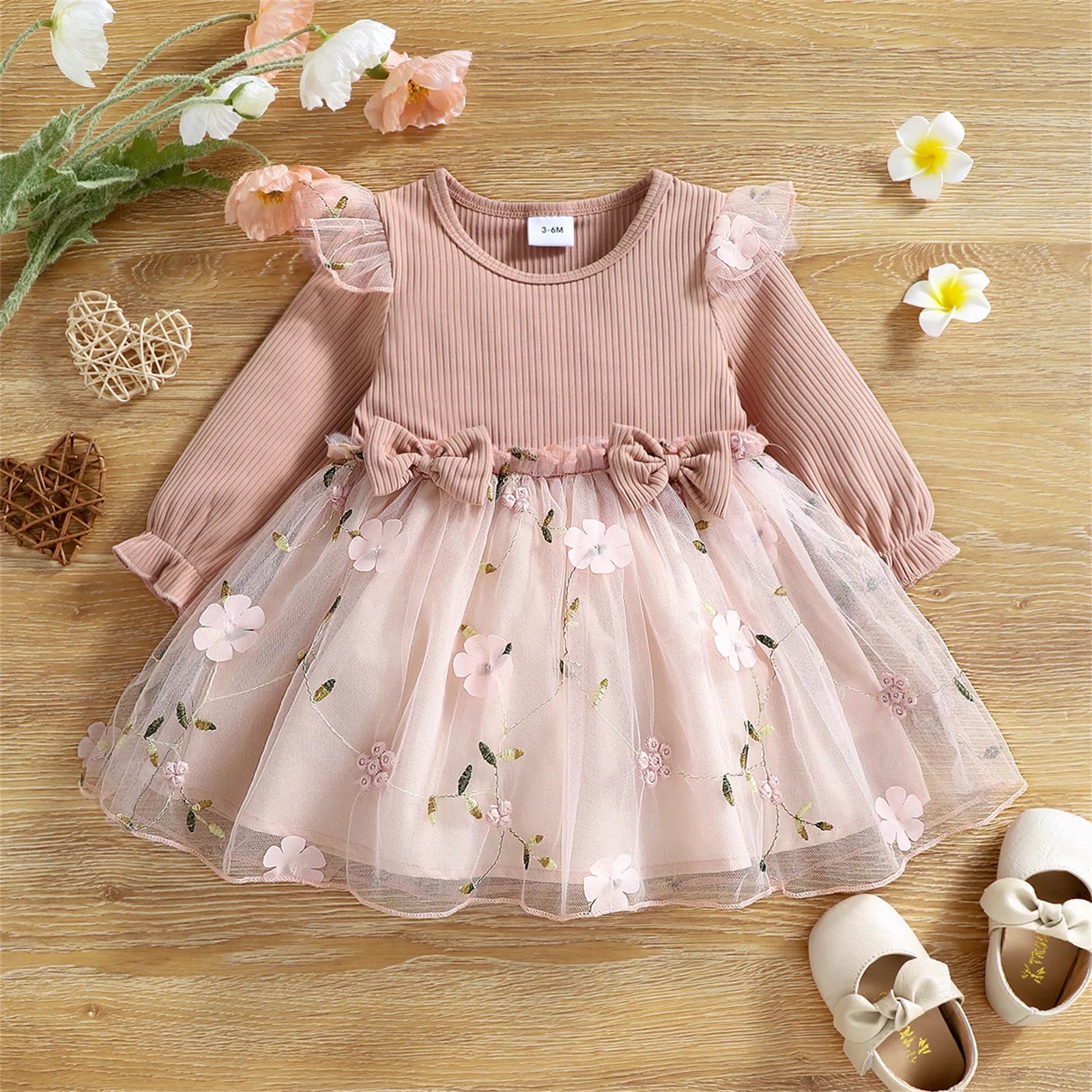 PatPat Baby Dress Baby Girl Clothes New Born Infant Party Dresses Pink Ribbed Bowknot Floral Mesh for NewBorn