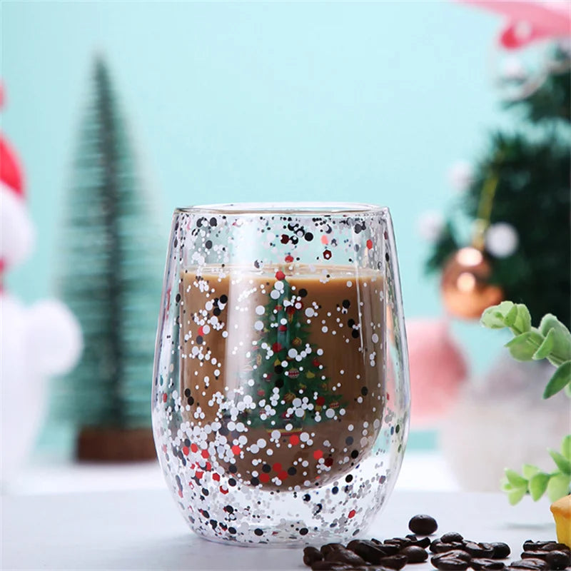 Double Wall Christmas Glass Cup Flowing sequins Christmas tree snowman Coffee Cup Heat Resistant Tea Milk Juice Mug Xmas Gift