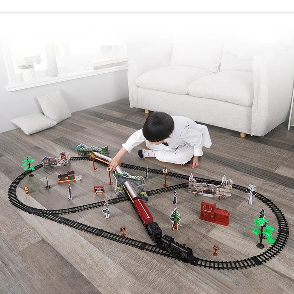 Electric Train Set with Steam Lights Vintage Carriages Railway Track Model Trains Toys