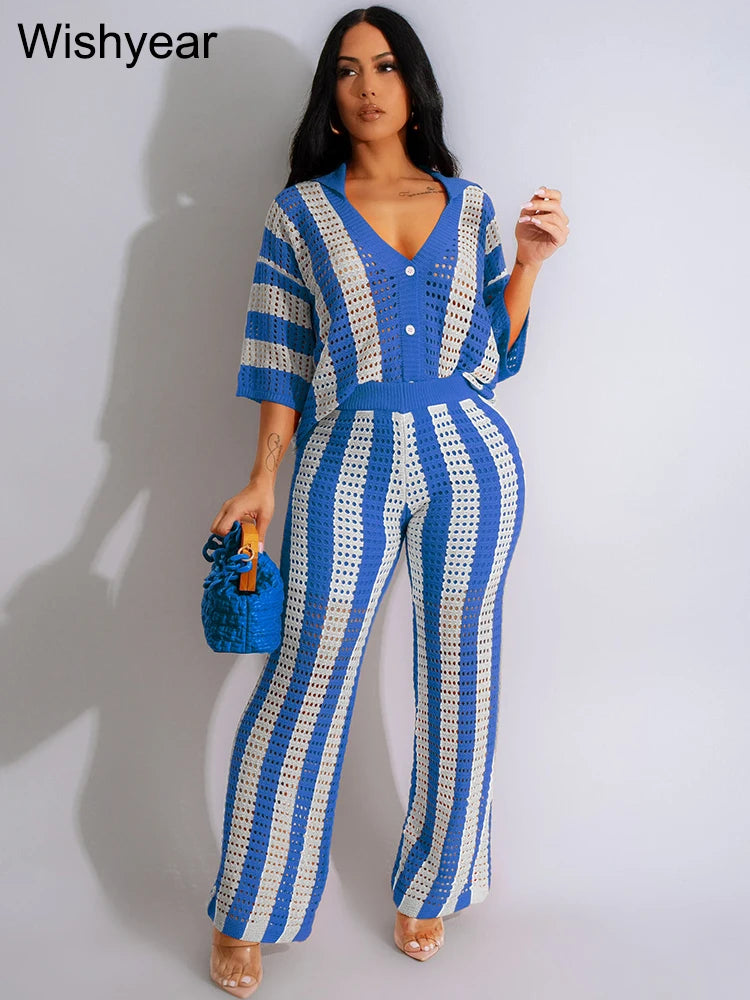 Summer Hollow Stripe Vacation Outfit for Women's Beach Lapel V Neck Half Sleeves Shirts and Wide Leg Pants