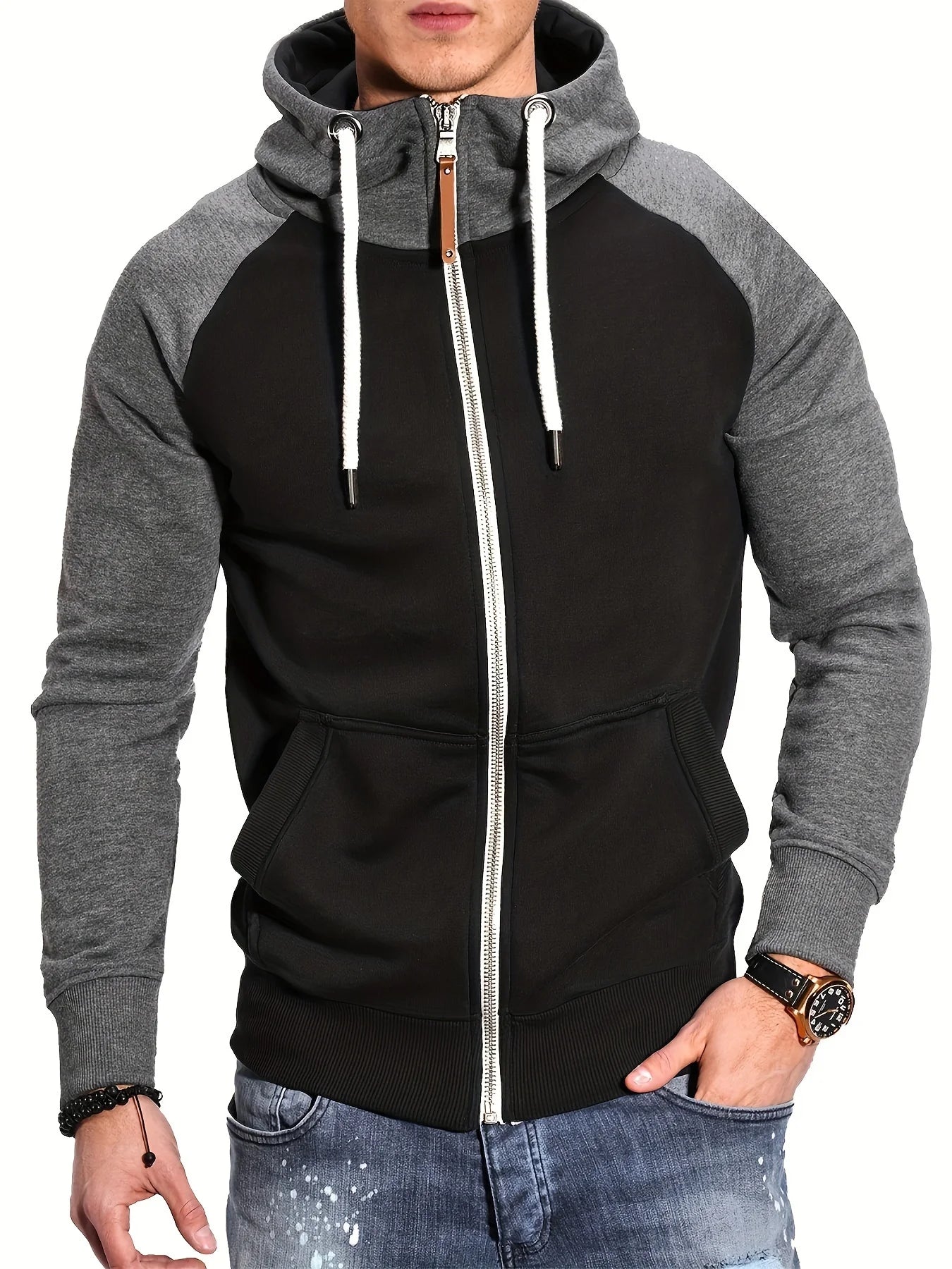 Men's Relaxed Fit Color Block Zip Up Hoodie Soft Slight Stretch Fabric Long Sleeve Placket Design