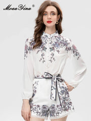 MoaaYina Autumn Fashion Runway Vintage Floral Print Shorts Suit Women Lantern Sleeve Slim Top