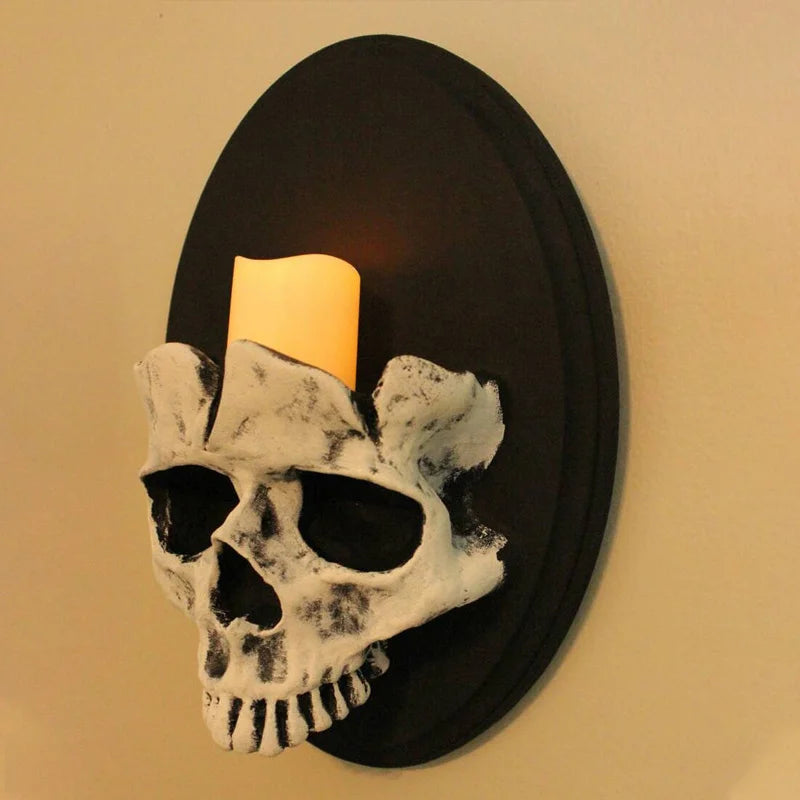 Halloween Skull Head Candle Holder Scary Skeleton Head Wall Mounted Candle Sconce Home Bar Restaurant Decorative