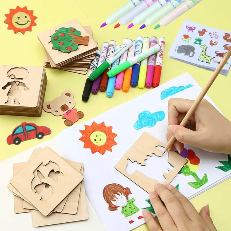 20/32Pcs Kids Art Sets Drawing Toys DIY Painting Stencils Template Wooden Craft Educational Toy for Children Drawing Supplies