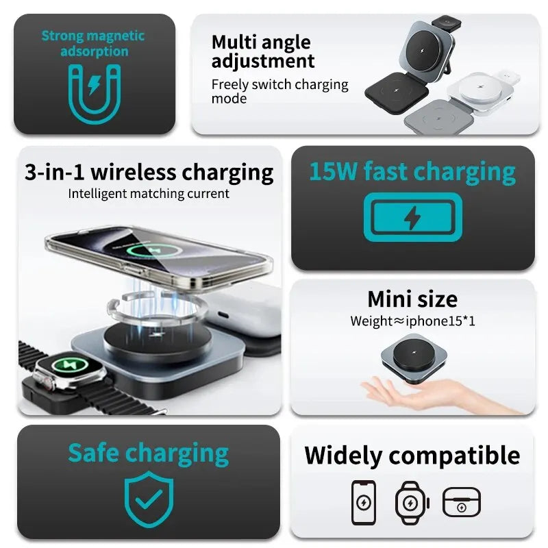 3 in 1 Foldable Magnetic Wireless Charger Stand Macsafe for iPhone 15 14 13 12 Apple Watch 8 7 6 Airpods Fast Charging Station