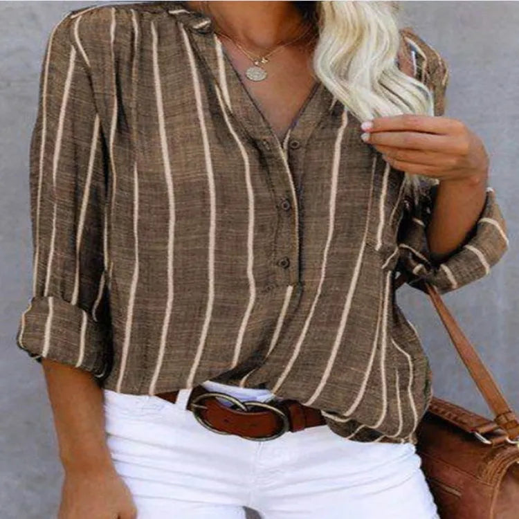 Women's New Spliced V-neck Button Pocket Striped Simple and Fashionable Printed Striped Shirt