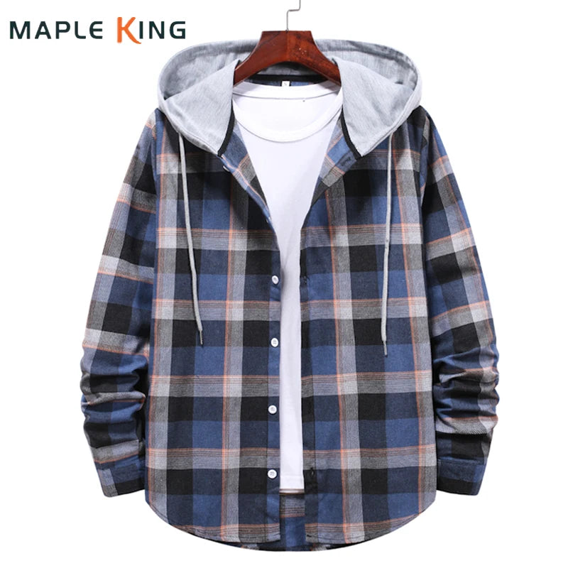 Mens Plaid Hooded Checked Flannel Shirt Casual Loose Long Sleeve Blouse Tops