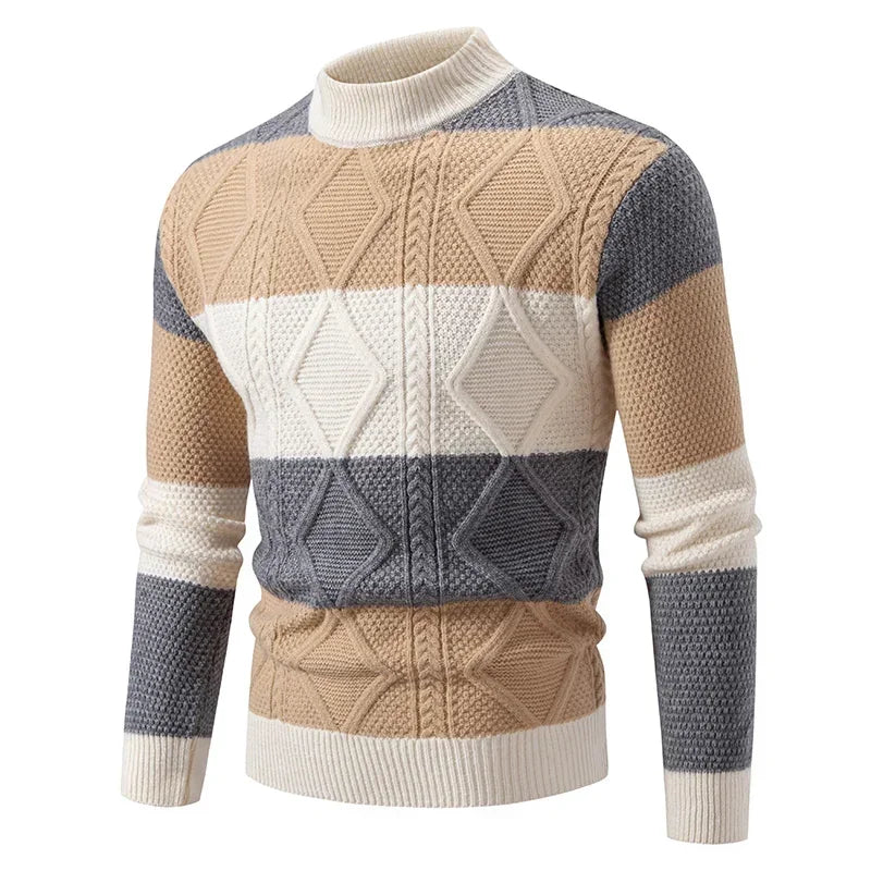 2024 High Quality Men's New Autumn and Winter Casual Warm Color Block Sweater Knit Tops