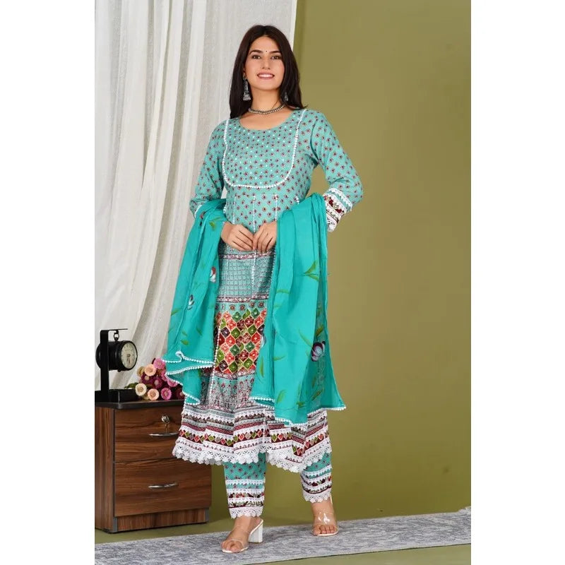 Women Printed Kurti Pant & Dupatta Set Indian Wedding Salwar Kameez Dress Suit