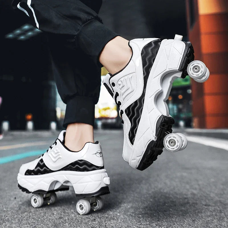 Child's 4-wheel Dual-purpose Roller Shoes Outdoor Kids Deformed Shoes With Wheels Fashion Parkour Sneakers For Girls From Gift