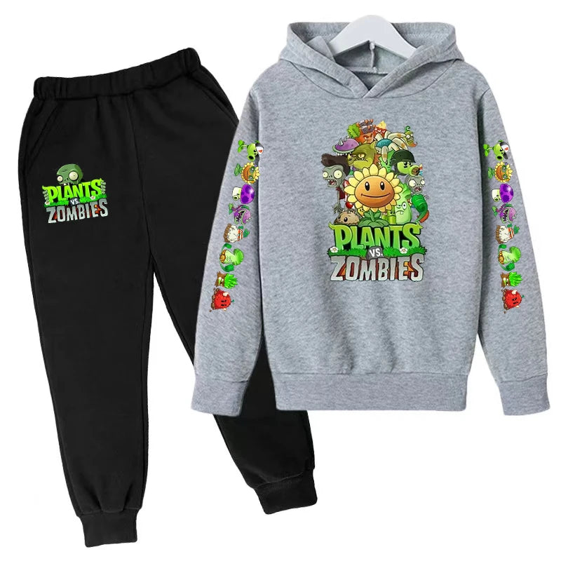 Kids Hooded Pullover Popular Game Plants vs. Monster Print Boys/Girls Top/Pants Clothing Set