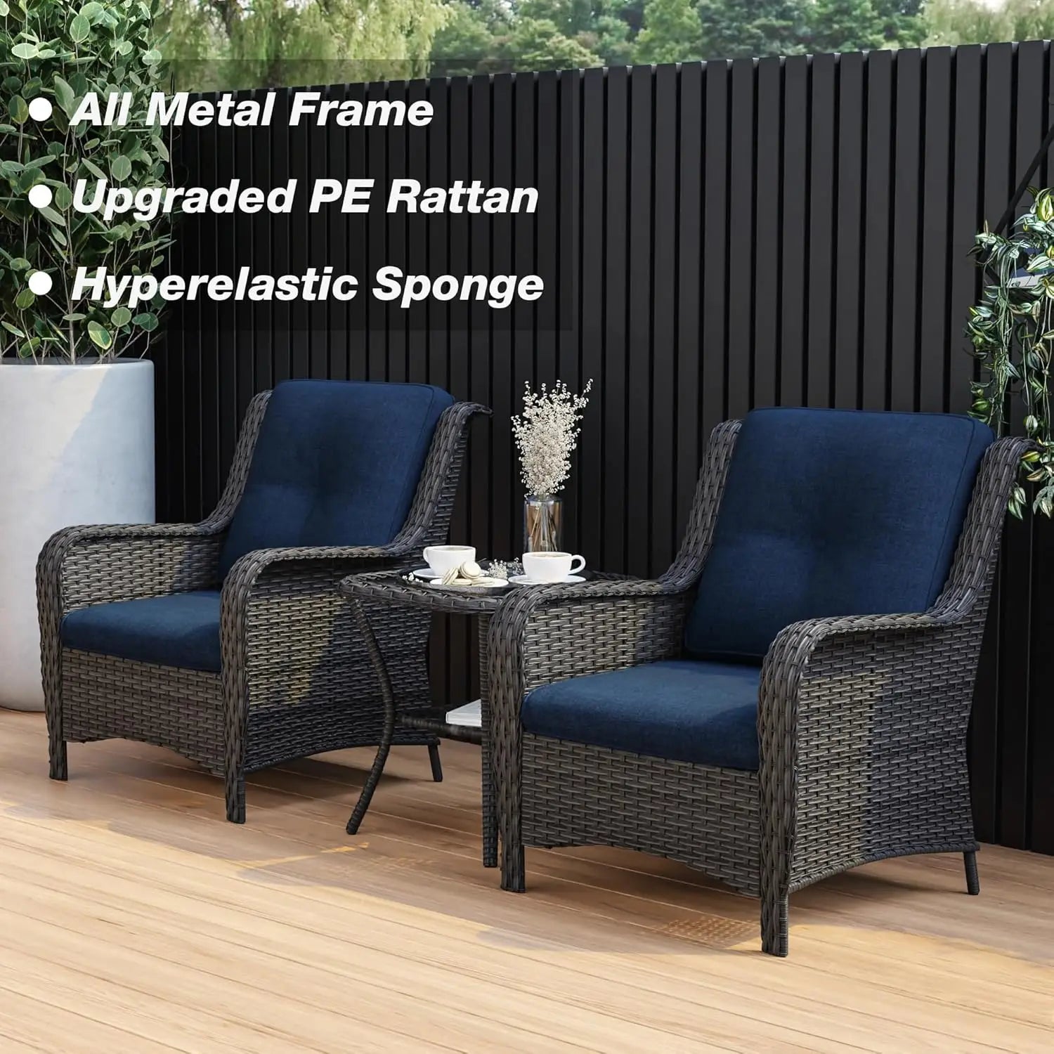 Patio Bistro Set Wicker Chairs - 3 Piece Outdoor Rattan Conversation Set with 2 Armrest Chair and 1 Side Table