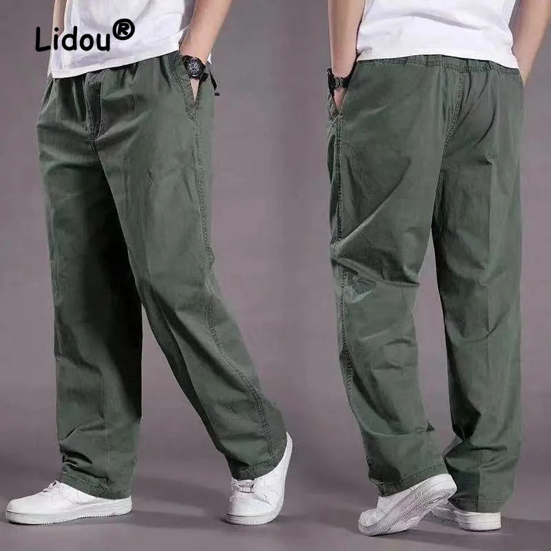 Fashion Loose Solid Color Straight Cylinder Men's Cargo Pants Street Casual Multiple Pockets