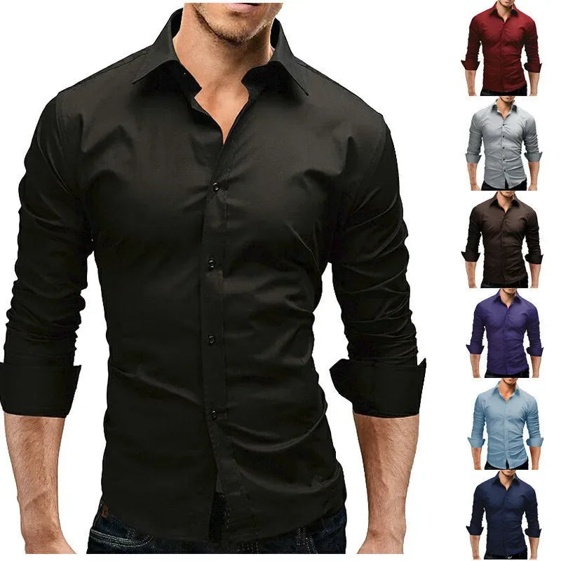 Men's Fashionable Casual Solid Color Shirt 2023 New Style Slim Fit Long Sleeve Trendy Business Wear Shirt For Men