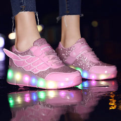 New Style Pink USB Charging Shoe Fashion Girls Boys Women LED Light Roller Skate Shoes