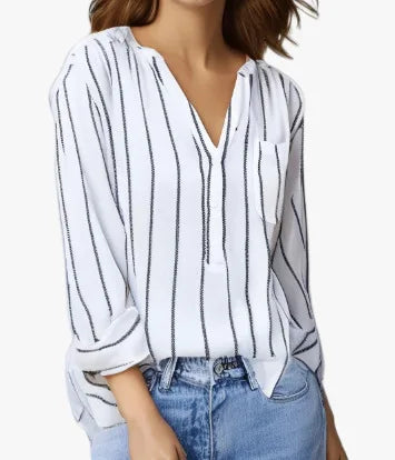 Women's New Spliced V-neck Button Pocket Striped Simple and Fashionable Printed Striped Shirt